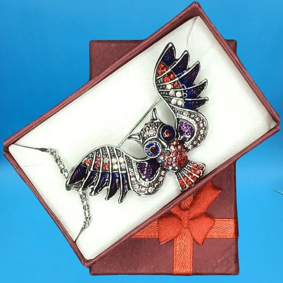 Colorful Owl Pin / Pendant Combo Necklace Rhinestone Enamel Jewelry Gift Boxed - Picture 2 of 8